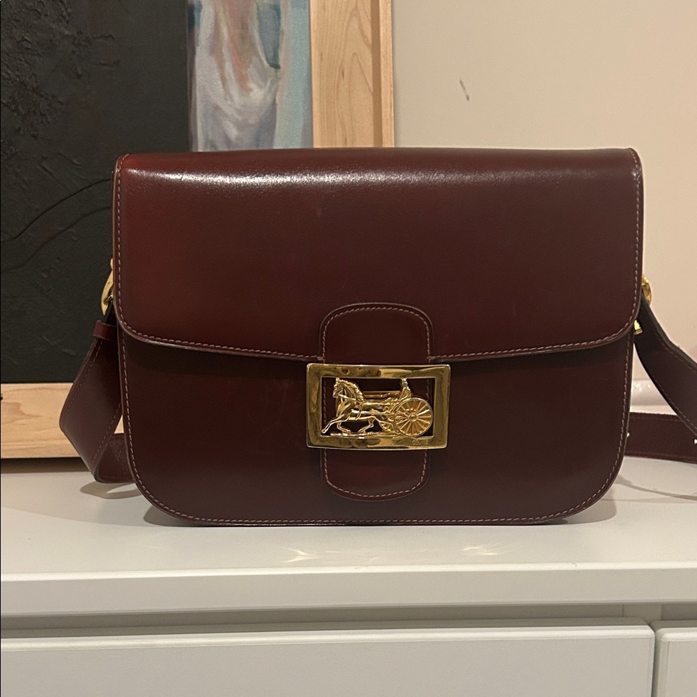 Celine burgundy Crossbody Bag with Gold Buckle